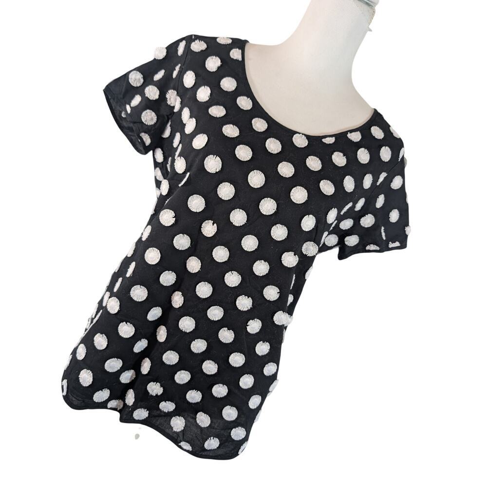 CHICO'S! RICH SATURATED BLACK W/WHITE FRINGE FLOWERS COTTON BLOUSE, TOP! SZ 4/6